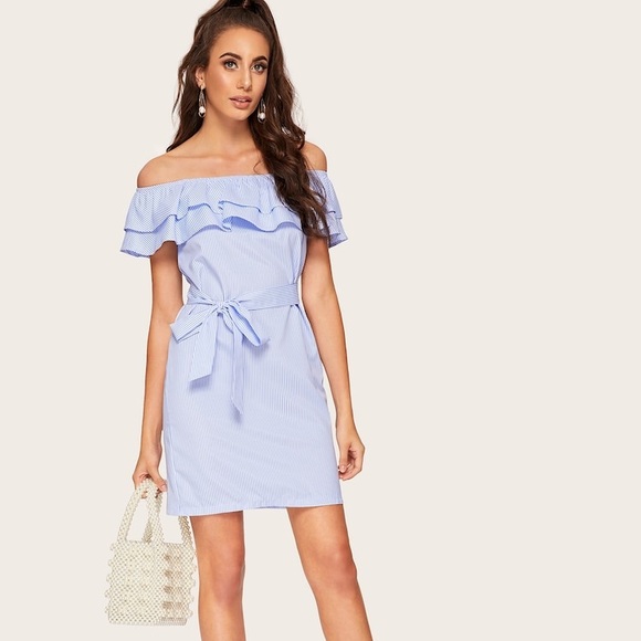 Dresses & Skirts - Shein Blue Stripped Off the Shoulder Belted Dress